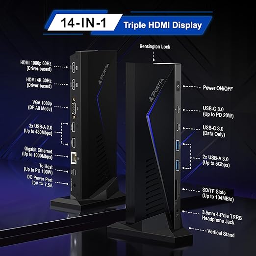 PORTTA 14 in 1 Docking Station Dual Monitor up to 4K 30 w/ 150W Power Adapter, HDMI x2, USB x6, VGA, RJ45, SD/TF, 100W PD, Audio/Mic, Compatible with macOS/Windows SST/MST, Driver Required