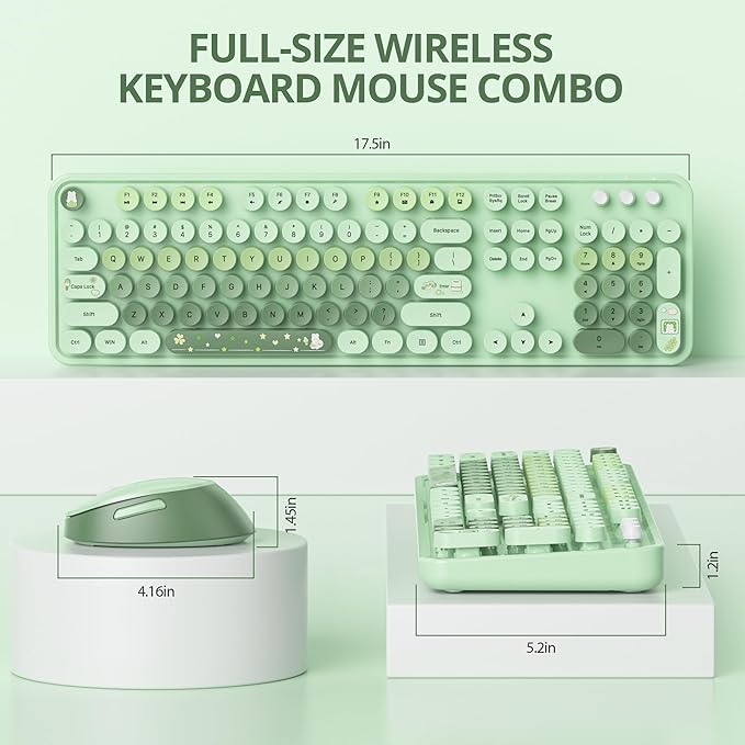 Cute Green Keyboard and Mouse Combo Wireless, 2.4G Full Size 104-Key Retro Typewriter Keyboards Round Keys for Students Teenagers Home Office PC Laptop(Light Green)