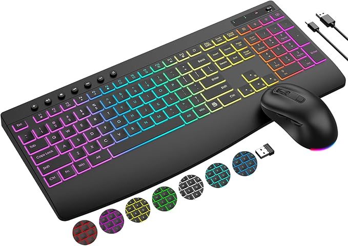 Wireless Keyboard and Mouse Combo, 9 Backlit Effects, 4000mAh Rechargeable Backlit Keyboard with Wrist Rest, 6 Button Mouse, 2.4G Full Size Quiet Keyboard Set for Computer, PC, Laptop, Mac, Windows