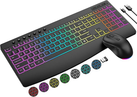 Wireless Keyboard and Mouse Combo, 9 Backlit Effects, 4000mAh Rechargeable Backlit Keyboard with Wrist Rest, 6 Button Mouse, 2.4G Full Size Quiet Keyboard Set for Computer, PC, Laptop, Mac, Windows
