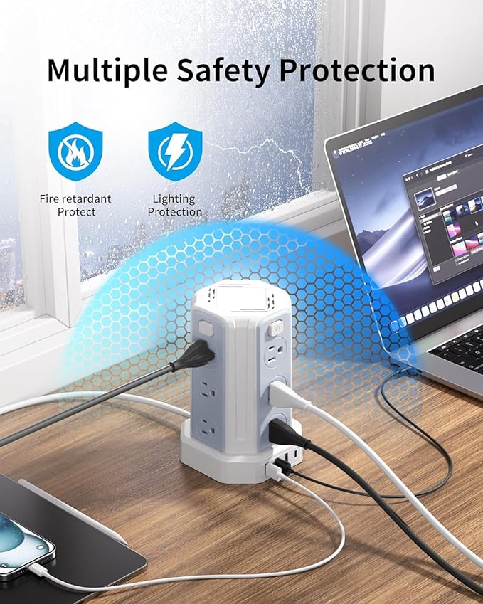 Power Strip Surge Protector, 16.4 Ft Extension Cord with 12 AC Multiple Outlets 4 USB (1 USB C), SMALLRT Power Tower Desktop Charging Station