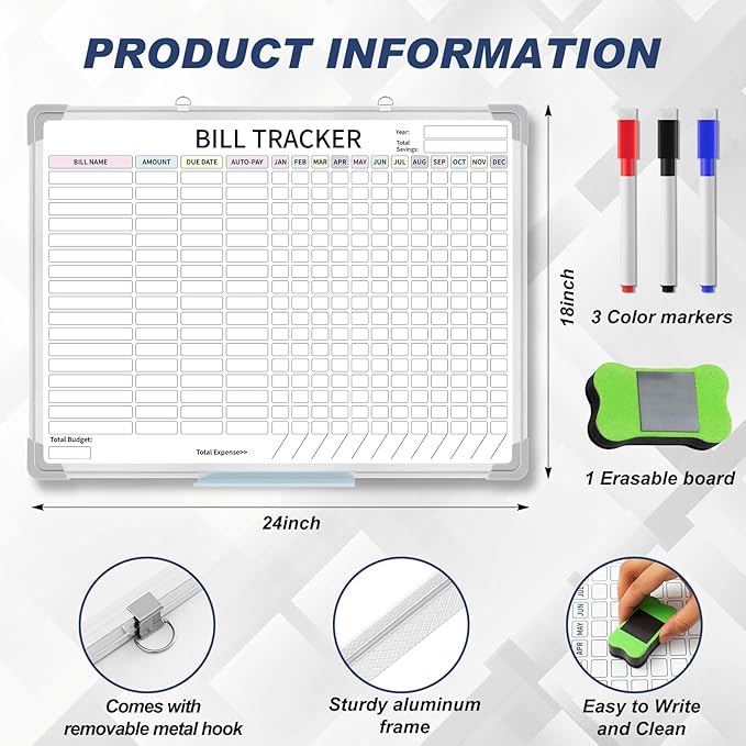 24 x 18 Inch Monthly Bill Payment Tracker Organizer Whiteboard Aluminum Frame Wall Monthly Bill Payment Checklist Magnetic Dry Erase Board Planner for Personal Budgeting Financial(Classic)