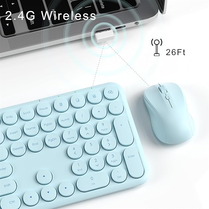 Wireless Keyboard and Mouse Set – MPTOG Full-Sized 110Pcs Slim Round Key Design, Quiet Typing, Adjustable DPI Ergonomic Mouse, Wireless Combo for PC, Mac, Laptop, Tablets(Crystal Blue)