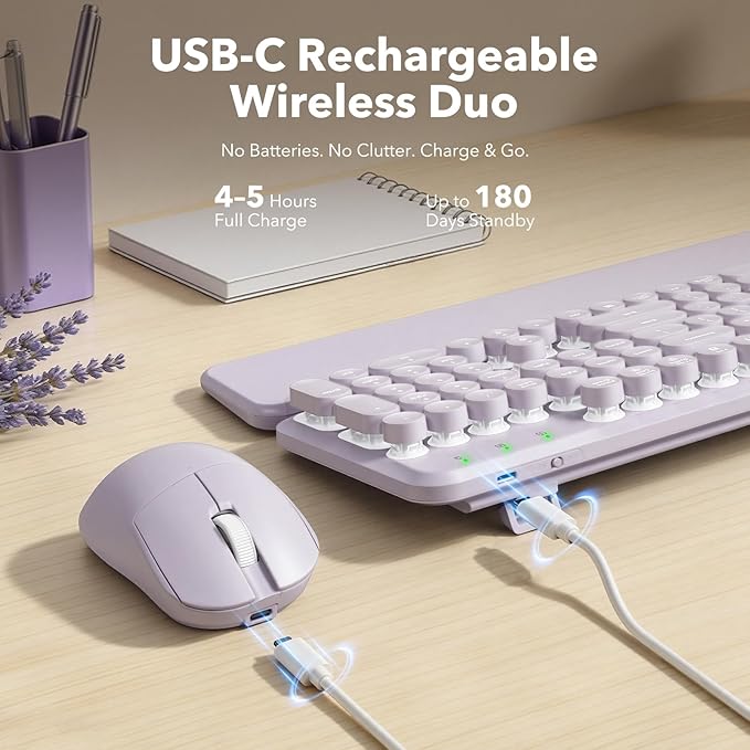 Wireless Keyboard and Mouse Combo, Backlit Round Keycaps, Retro Typewriter Keyboard with Magnetic Wrist Rest, USB-C Rechargeable & Tilt Legs, 2.4GHz Cordless for Mac Windows PC (Glowing Pastel Purple)
