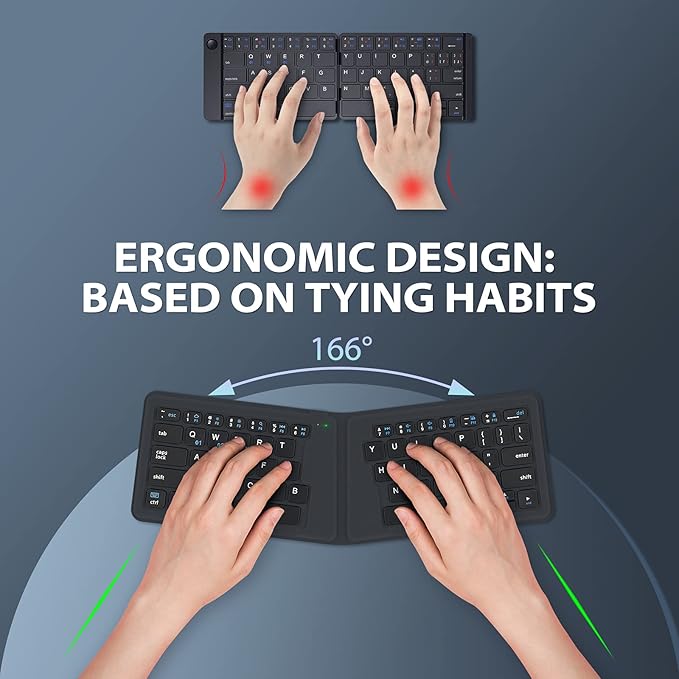 iClever Ergonomic Foldable Keyboard, BK06 Split Folding Bluetooth Keyboard with PU Leather Cover, USB-C Rechargeable, Multi-Device, Ultra Slim Portable Travel Keyboard for iPad, iPhone, Tablet, Laptop