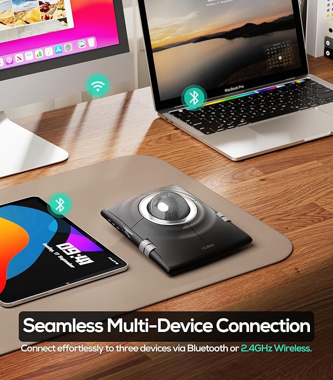 Nulea Wireless Trackball Mouse, Ergonomic 55mm Trackball, Adjustable DPI for Precise Control, Left or Right Hand Compatible, Rechargeable, Multi-Device Bluetooth & 2.4GHz (Silver)
