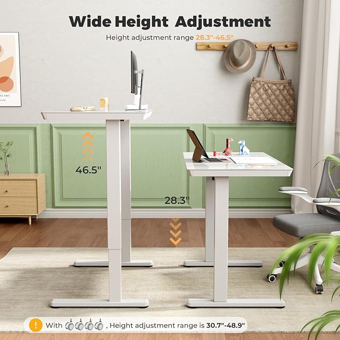 Glass Small Standing Desk with Drawer, 35" x 20" Whole Piece Electric Sit Stand Table, Height Adjustable Desk with Storage & USB Ports, Quick Install Home Office Computer Desk, White