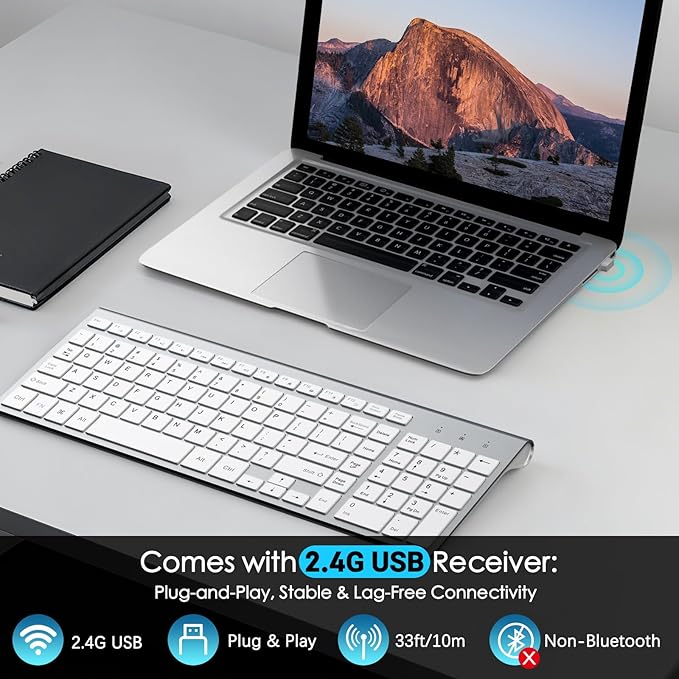 JOYACCESS J Wireless Keyboard, 2.4G Slim and Compact Wireless Keyboard with Numeric Keypad for Laptop, MacBook air, Apple, Computer, PC-Sliver&White