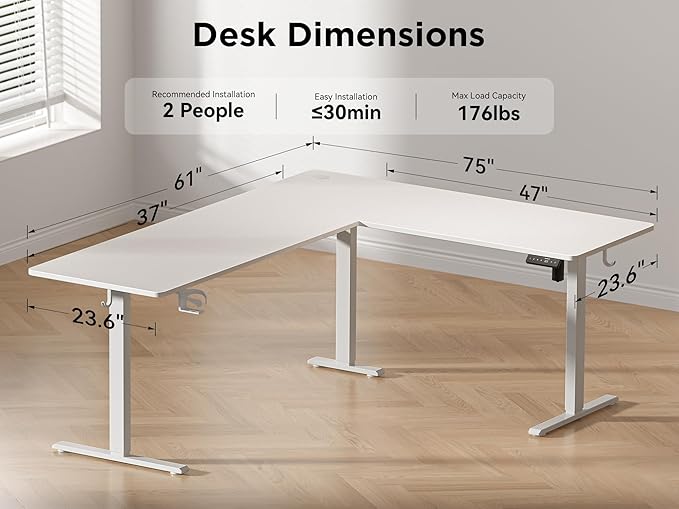 75x61 Inches Reversible L Shaped Standing Desk Height Adjustable with Cup Holder, Electric Corner Computer Workstation for Home Office, Ergonomic Sit Stand up Gaming Desk, White