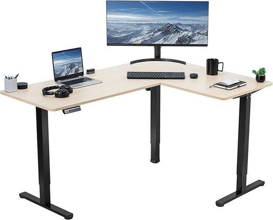 VIVO Corner Standing Desk, 63 x 47 inch Reversible L-Shaped Workstation, Electric Height Adjustment, Home, Office, and Reception Rooms, Light Wood Table Top Black Frame, DESK-E3CTC-47