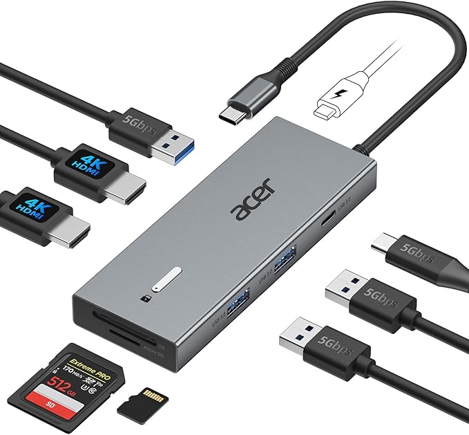 Acer USB C Docking Station Dual Monitor with 2 HDMI, 9-in-1 Laptop Docking Station with 4K@60Hz HDMI, USB A&C 3.0, SD/Micro SD, 100W PD, USB C Dock Compatible with Acer/Dell XPS/HP/Mac/Surface (15cm)