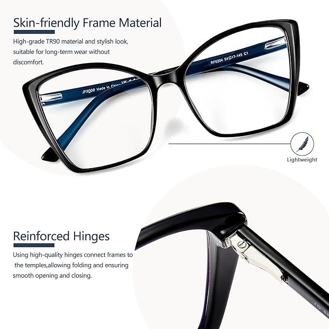 Blue Light Blocking Glasses for Women, Oversized Trendy Cat Eye Computer Gaming Glasses Anti Glare & UV Glare RF6204 (Black Cateye Frame)