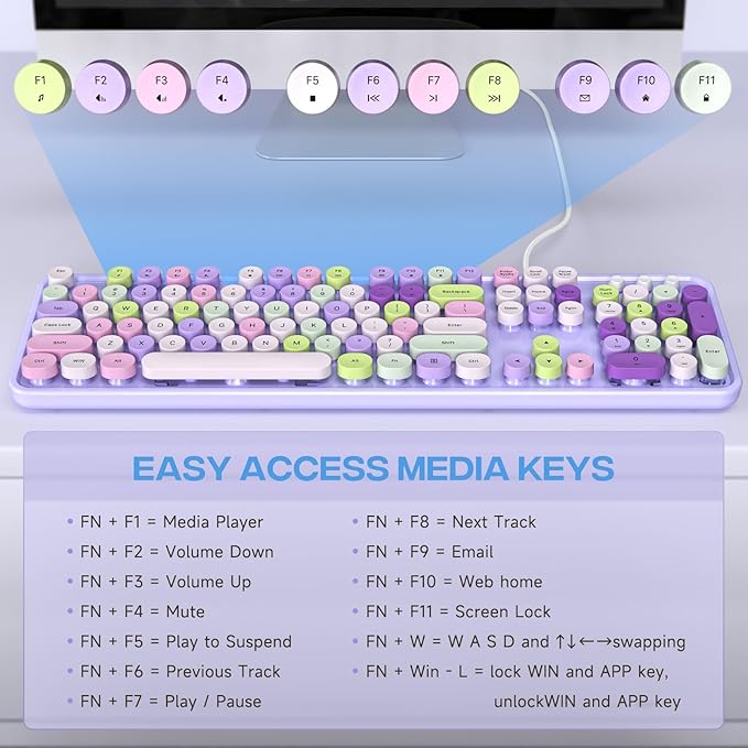 Computer Keyboard Wired, Plug and Play USB Retro Round Typewriter Keyboard, Full Size Wired Keyboard with Foldable Stands for Laptop and Office PC- Purple Colorful