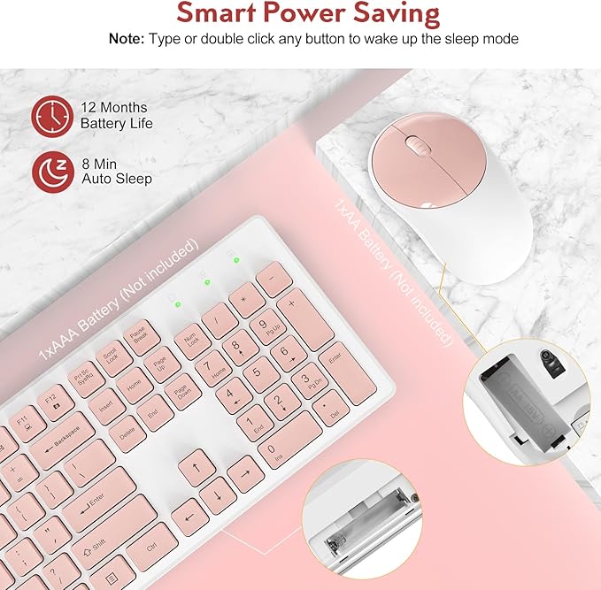 Trueque Wireless Keyboard and Mouse Combo - Full-Size Quiet Keyboard with Palm Rest, Phone Holder, Multimedia Keys, Power Switch, Batteries Included, Compatible with Windows, PC, Laptop (Pink & White)