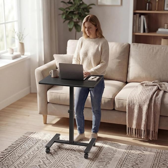 Small Portable Standing Rolling Desk - 24 Inch Mobile Sit Stand Desk Adjustable Height with Wheels for Small Spaces Home Office, Kids Couch Laptop Desks Side End Table, Black