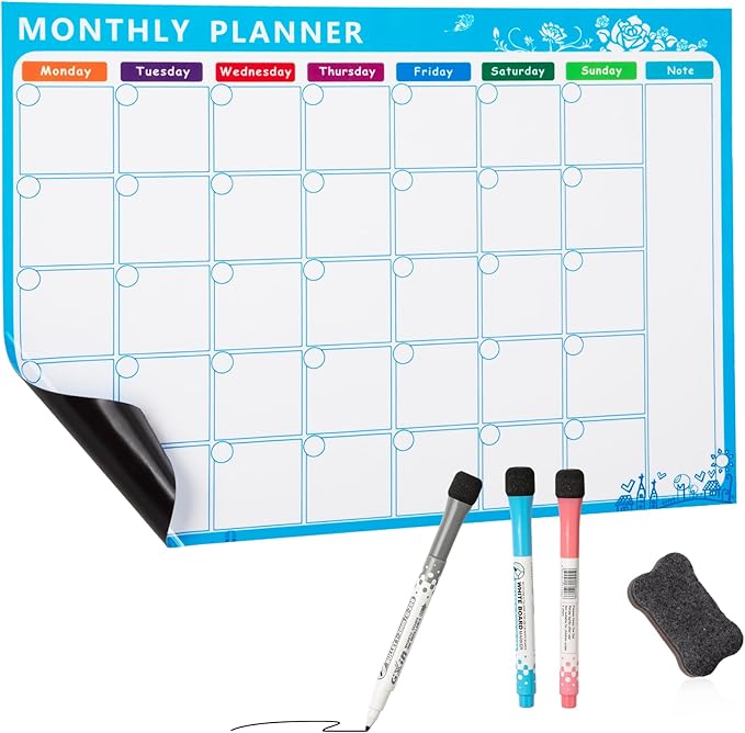 Magnetic Calendar for Refrigerator, 17×12" Fridge Calendar Whiteboard Calendar with Markers and Eraser, Monthly Dry Erase Family Planner with Side Notes for Lists, To-Do Tasks Monday Start