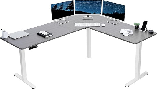 VIVO Corner Standing Desk, 75 x 63 inch Reversible L-Shaped Workstation, Electric Height Adjustment, Home, Office, and Reception Rooms, Dark Gray Table Top White Frame, DESK-E3CTWG-75