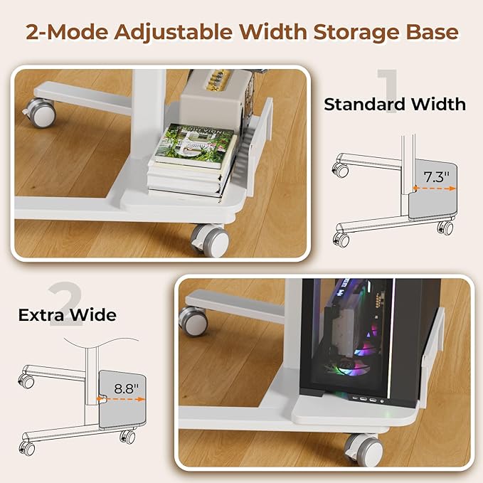 28" Mobile Standing Desk, Height Adjustable Rolling Laptop Cart with 60° Tiltable Top & Storage Shelf, Stand up Desk on Wheels, Portable Workstation for Home Office, White