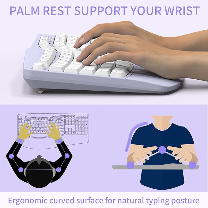 RECCAZR Ergonomic Keyboard Wired with Wrist Rest, Wave Keyboard for Natural Typing,Spill-Resistant Compatible with Windows/PC/Laptop (Purple)