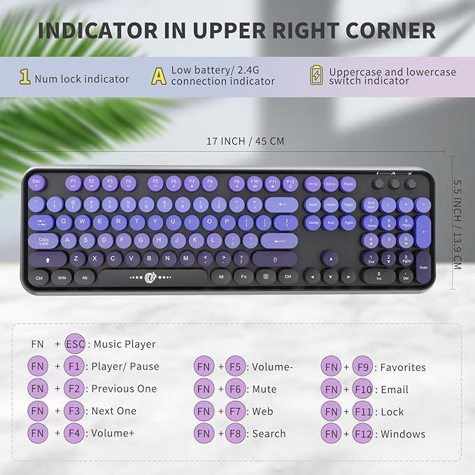 Wireless Keyboard and Mouse Combo, 104 Round Keys Cute Colorful Keyboard and Mouse with Retro Typewriter for PC Mac Laptop Tablet Computer Windows Black Purple