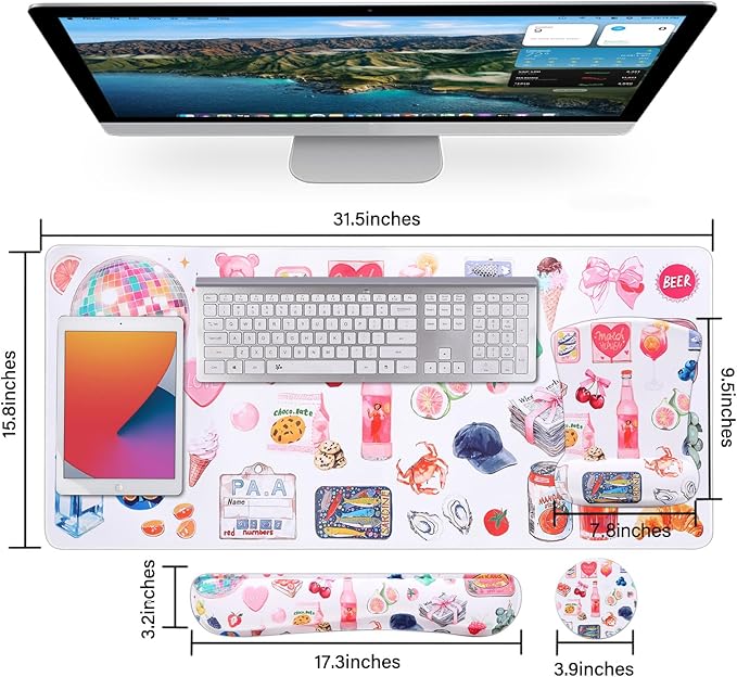 MEGREZ 4-in-1 Ergonomic Memory Foam Wrist Rest Set, Desk Pad, Mouse Pad with Wrist Rest, Keyboard Pad, Suitable for Office Workers, Programmers & Gamers–Relieve Typing & Gaming Fatigue, Off White