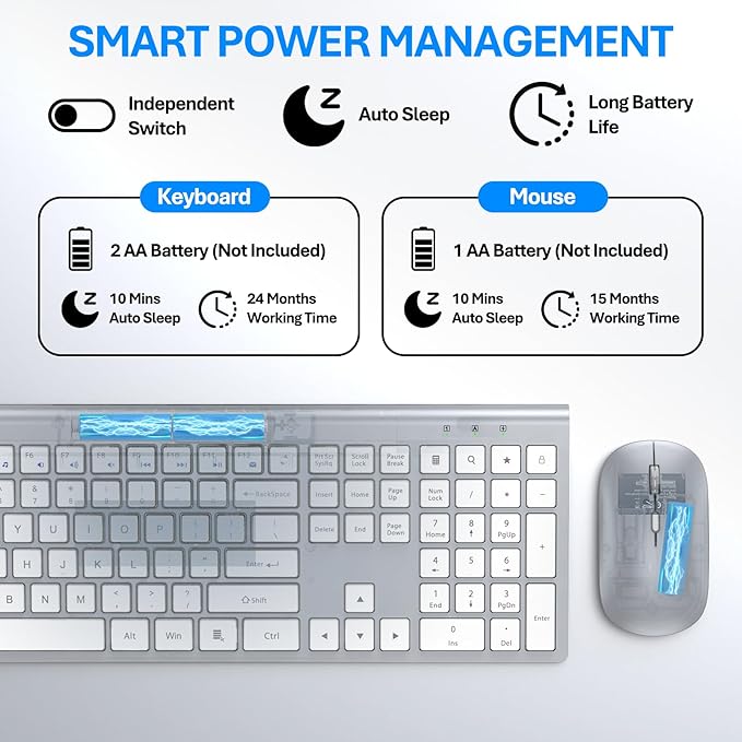 Wireless Keyboard and Mouse Combo, Full Size Keyboard and Mouse, Long Battery Life, Optical Mouse, 2.4G Lag-Free Cordless Mice Keyboard Set Ultra Slim Design for Computer, Laptop, PC, Windows (Silver)