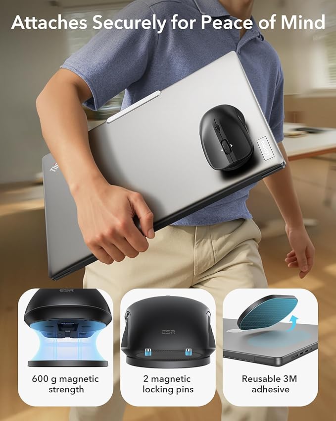 ESR MagMouse Snap-to-Carry Bluetooth Mouse, Rechargeable Wireless Mouse for Laptop with Built-in Charging Cable, Reusable Adhesive Holder, BT 5.0 + 2.4 GHz Connectivity, Silent, Ergonomic, Black
