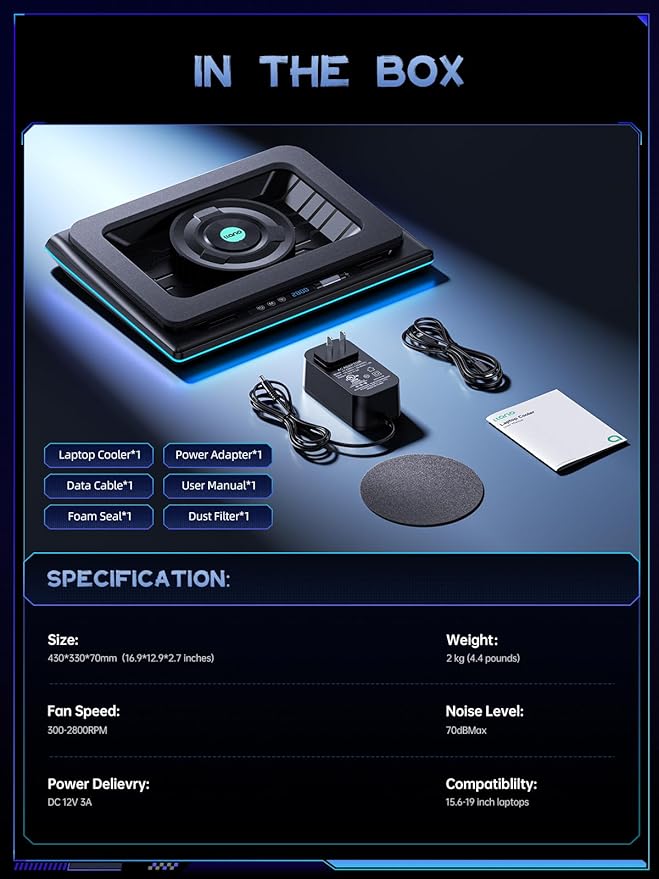 llano V12 Gaming Laptop Cooling Pad, RGB Laptop Cooler, Laptop Cooling Fan Stand with 5.5 Inch Powerful Turbofan, for 15.6-19in Laptop, Adjustable Speed, Dustproof, 3-Port USB Hub, Black (RGB)