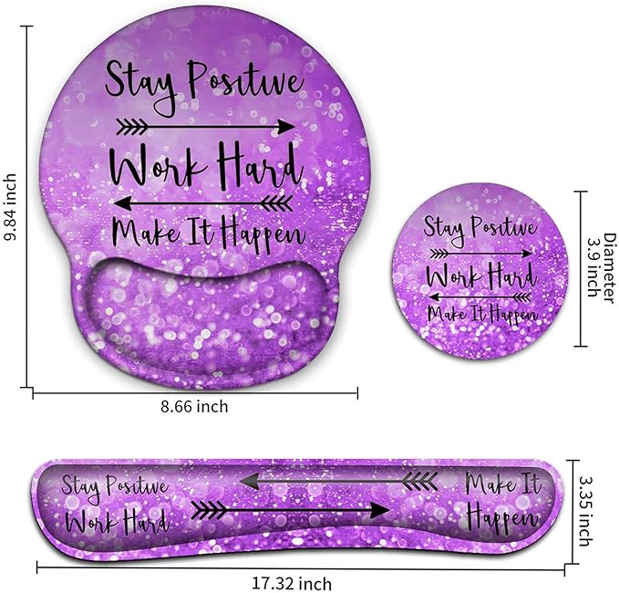 Keyboard Wrist Rest and Mouse Pad with Wrist Support, Ergonomic Mouse Pad Coaster,Easy Typing Pain Relief,Keyboard Mousepad Set,Stay Positive Work Hard and Make It Happen Purple Glitter
