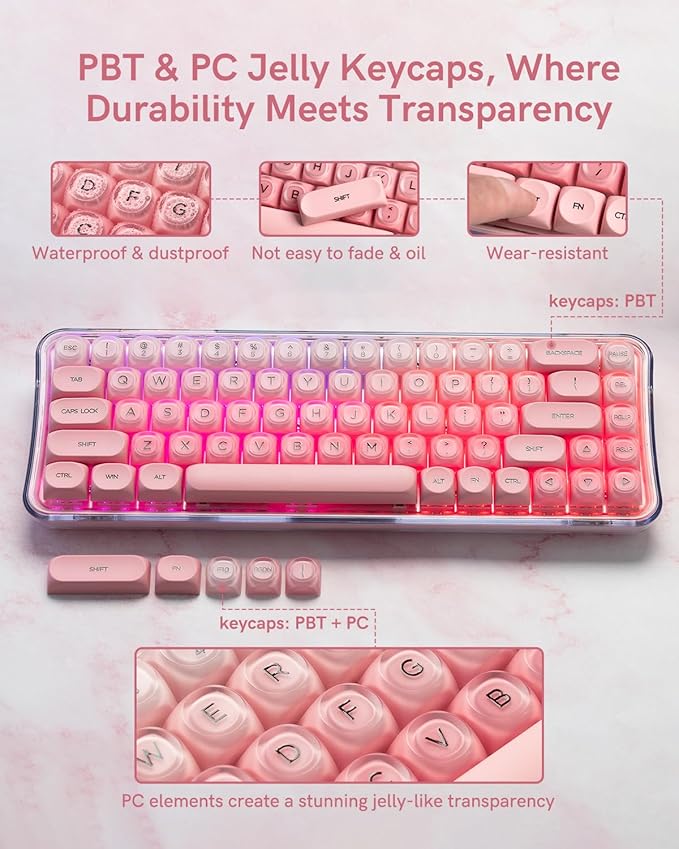 132 Keys PBT Keycaps, Jelly Keycaps Cute Custom Creamy Key caps MOA Profile for 61/68/84/87/98/100 Cherry Gateron MX Mechanical Keyboards, Pink