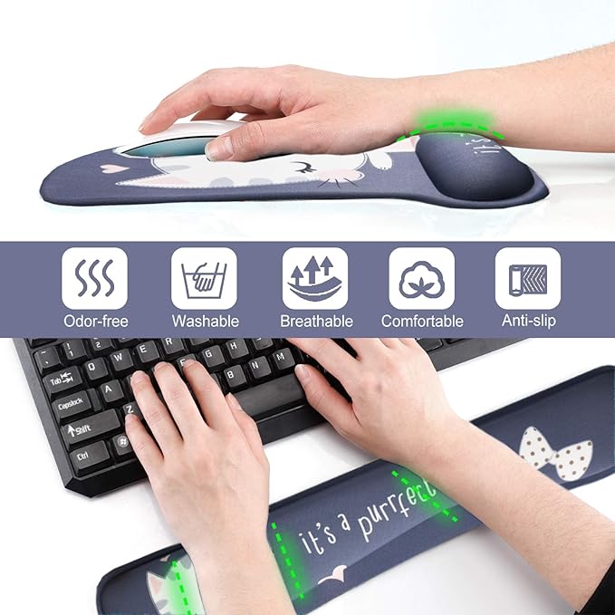 ToLuLu Keyboard Mouse Pad Wrist Rest, Gel Ergonomic Mouse Pads for Computer Laptop Office Home, Comfortable Mousepad Keyboard Wrist Support Memory Foam for Easy Typing Pain Relief, Cute Cat