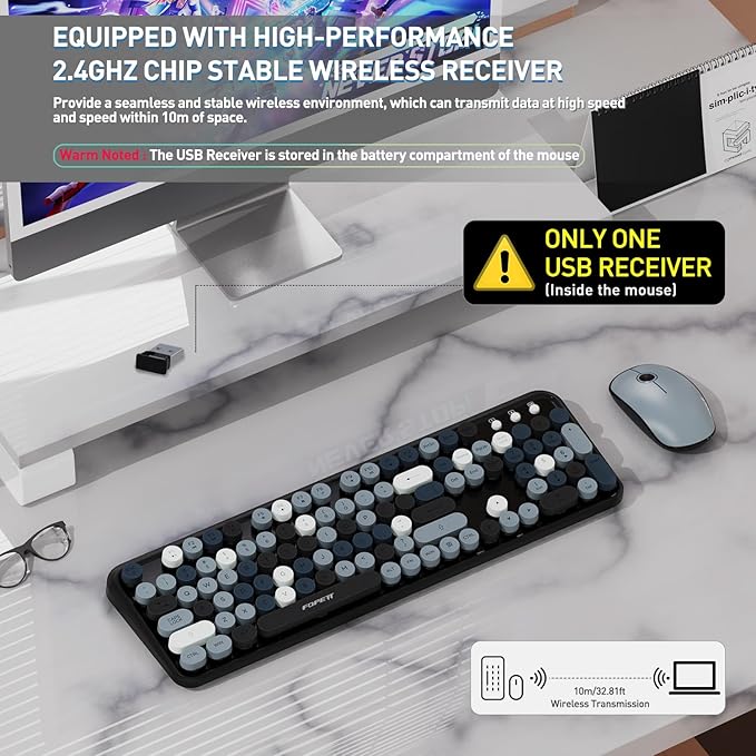 Cute Retro Wireless Keyboard and Mouse Combo with Round Key, 2.4Ghz Dropout-Free Connection, Typewriter Wireless Keyboard and Mouse Set for PC, Laptop, Desktop Computer - Grey Colorful