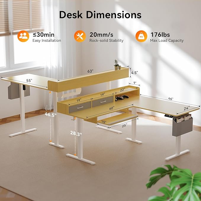 63 Inches Height Adjustable L Shaped Standing Desk with 2 Drawers and Keyboard Tray, Electric Sit to Stand Home Office Comupter Table, Ergonomic Corner Gaming Desk, Oak