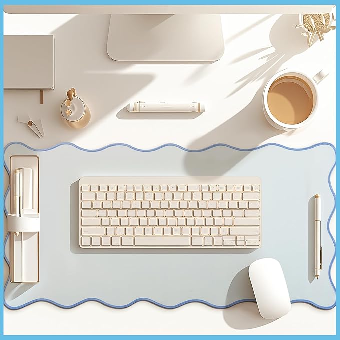 Scalloped Desk Mat Large Scalloped Piping Cute Desk Mat Aesthetic Preppy Table Pad Large Nonslip Pad with Edge Stitching Waterproof Gaming(Blue,31.5 x 15.75 Inches)