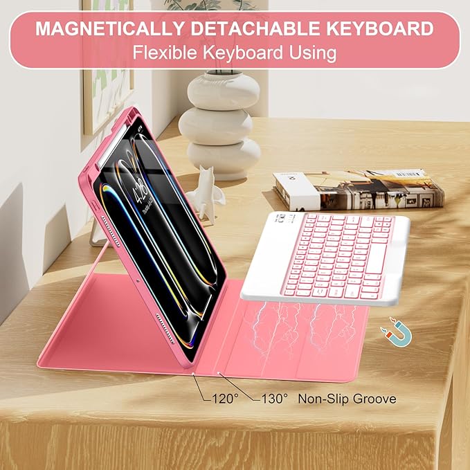 Soke Keyboard Case for iPad Pro 13 Inch (M5 2025/M4 2024), 7-Color Backlit Detachable Bluetooth Keyboard, Folio Stand TPU Back Cover with Pencil Holder for iPad Pro 13", Red Marble