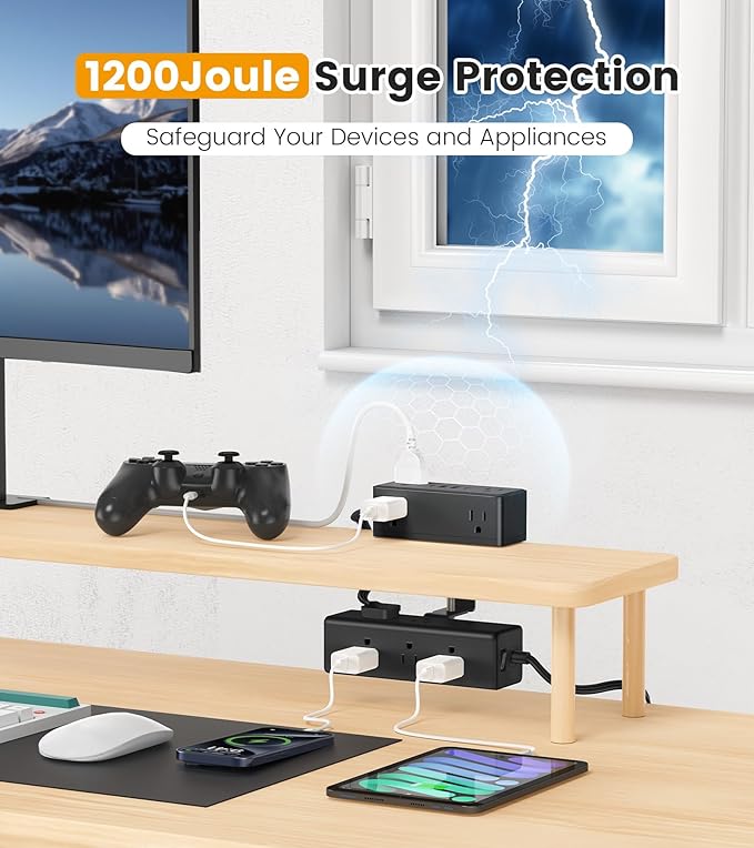 Dual Layer Desk Clamp Power Strip, Desktop Edge Mount Surge Protector with 15 AC Outlets & 4 USB Ports(20W USB-C), Ultra Thin Flat Plug & 10FT Power Cord for Office Home(ETL Listed)