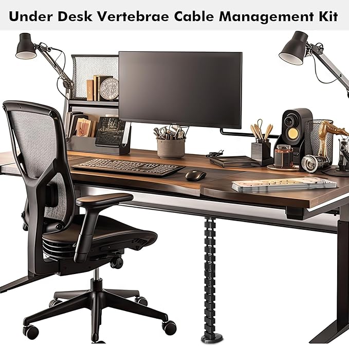 Yaomiao 2 Pack Under Desk Vertebrae Cable Management Kit Standing Desk 48 Inch Adjustable Quad Entry Flexible Cord Organizer with Ties, Stick-on Clips Cable Management Set for Home User Office Worker