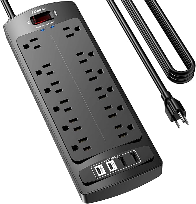 15 Ft Extension Cord Power Strip, Teiobar Surge Protector with 12 AC Outlets and 4 USB Ports for Home, Office, Dorm Essentials, 1875W/15A, 2700 Joules, ETL Listed, Black