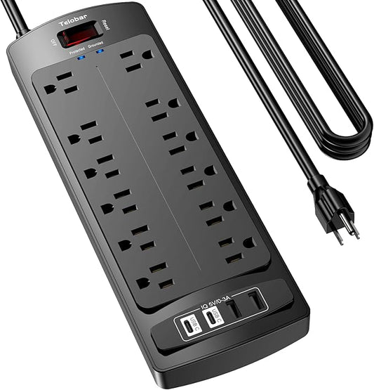 15 Ft Extension Cord Power Strip, Teiobar Surge Protector with 12 AC Outlets and 4 USB Ports for Home, Office, Dorm Essentials, 1875W/15A, 2700 Joules, ETL Listed, Black