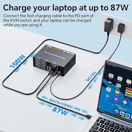 KVM Switch 3 Monitors for 1 Laptop and 1 Desktop 4K@60Hz, USB C HDMI Three Monitor KVM Switch,Docking Station KVM Switches with 4 USB 3.0 Port, 87W PD Charging