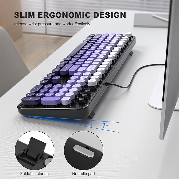 KNOWSQT Wired Computer Keyboard - Blackpurple Colorful Retro Full Size Round Keycaps Plug and Play Typewriter Cute Keyboards for Windows, Laptop, PC, Desktop, Computer