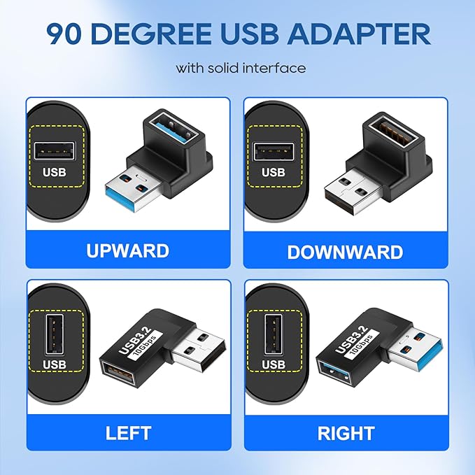 UCEC USB 90 Degree Adapter, 90 Degree USB Adapter 3.2, Vertical Up and Down Angle Horizontal Left and Right Angle USBA Male to Female Extender Connector 10Gbps for PC, Laptop, Power Bank - 4 Pack