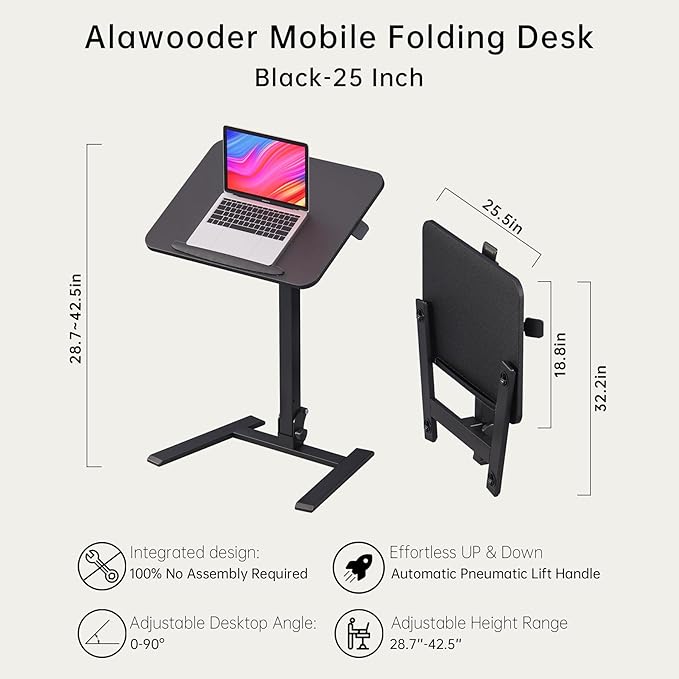 25 Inch Mobile Folding Desk - No Assembly, Pneumatic Sit-Stand, 29-42" Height Adjustable Rolling Laptop Desk with Hidden Wheels, 0-90° Tilt Top for Home Office, Craft & Study