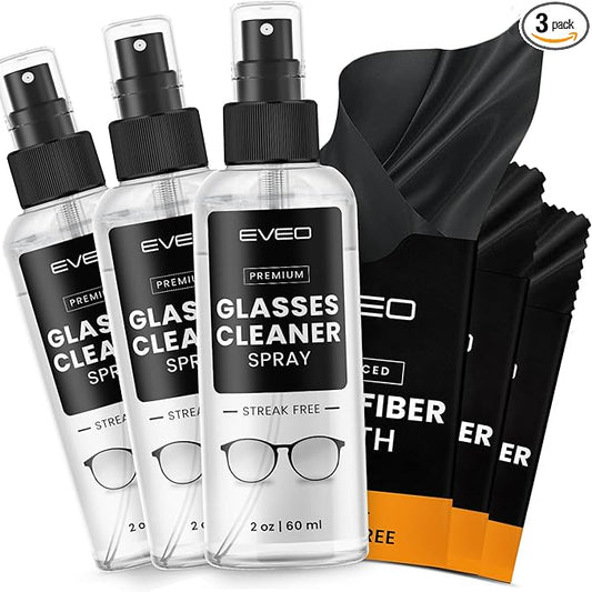 EVEO Glasses Cleaner Spray - Eyeglass Cleaner (No Streaks)| x3 Eye Glass Cleaners Spray + x3 Lens Cleaner Microfiber Cleaning Cloth, Glasses Cleaning Kit Eye Glasses Cleaner Spray & Cloth - 6oz(2ozx3)