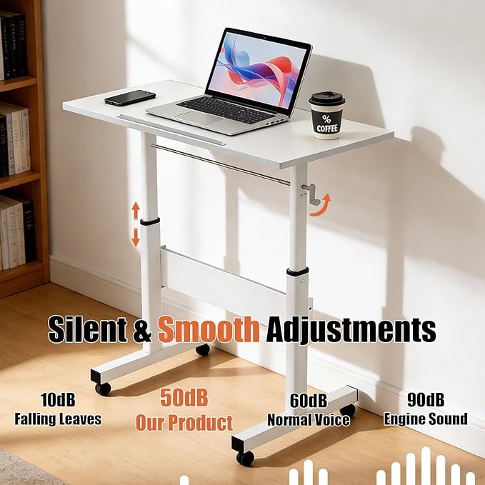 Hand Crank Small Standing Desk, Adjustable Height 27.76-40", Tiltable Tabletop with Wheels, Portable Laptop Computer Table, Rolling Podium Mobile Stand Up Desk for Walking Pad Treadmill, Home Office
