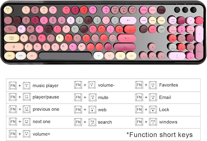 Retro Wireless Keyboard and Mouse Set,2.4Ghz Colorful Lipstick Style Typewriter Keyboard with Cute Round Keys,Full Size Mixed Color Aesthetic Keyboard&3 DPI Mouse for PC Laptop Desktop Computer-Black