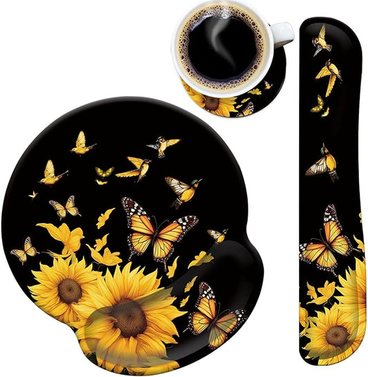 Mouse Pad Wrist Support and Keyboard Wrist Rest Pad with Coaster,Non-Slip Rubber Base Ergonomic Gaming Mousepad for Home Office Working Studying Easy Typing & Pain Relief,Birds Sunflower Butterfly
