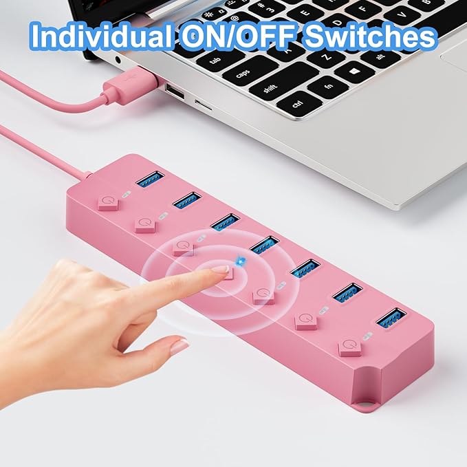 USB Hub 3.0, 7-Port USB Hub Splitter with Individual On/Off Switches and Lights, 3.2ft/1m Long Cable Compatible with MacBook, Laptop, Surface Pro, PS4, PC, Flash Drive, Mobile HDD-Pink