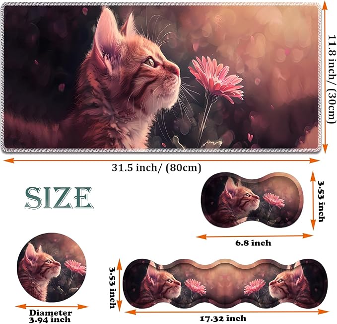 Large Gaming Mouse Pad + Keyboard Wrist Rest + Wrist Support + Coaster Set, Memory Foam Ergonomic for Easy Typing, XXL Extended Gaming Mouse Pad Table Pad - Kitten Daisy