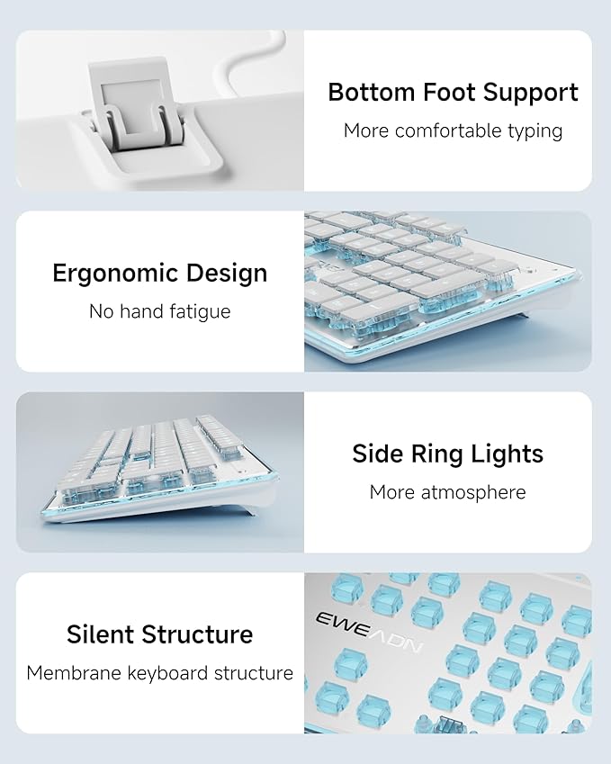 GX710S Backlit Computer Keyboards, Wired USB Keyboard with Blue Backlit, Metal Panel, Plug and Play, Pudding Keycaps Full Size Quite Computer Keyboard for Win/PC/Laptop-White